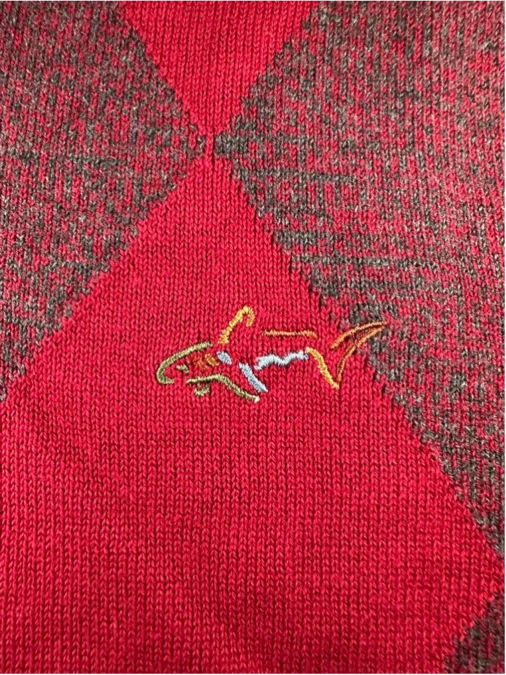 Greg Norman For Tasso Elba Argyle Sweater XL Red Gray V Neck Cotton Golf